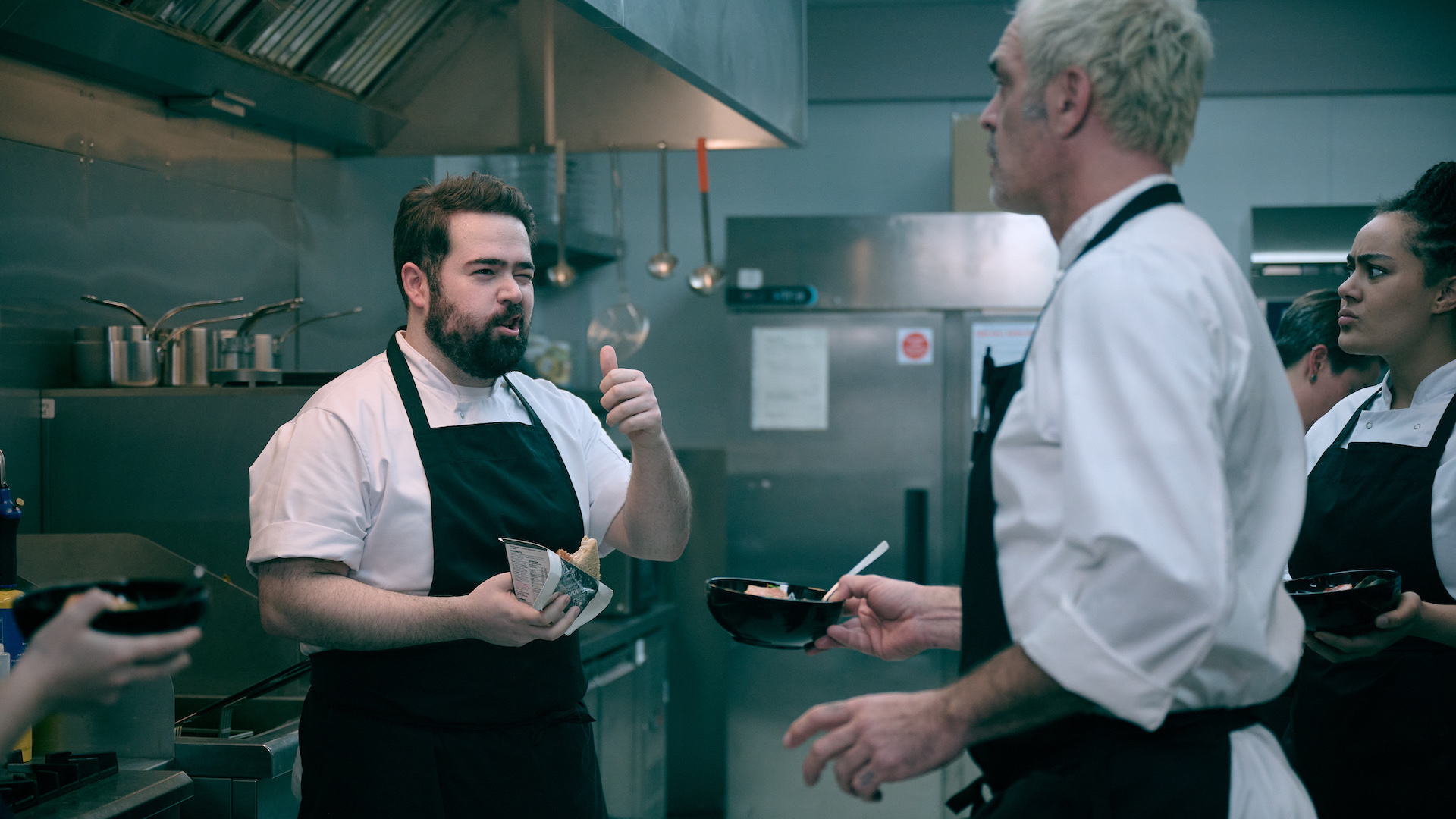 Shaun Fagan as Bolton , Steven Ogo as Nick and Izuka Hoyle as Camille in Boiling Point S1