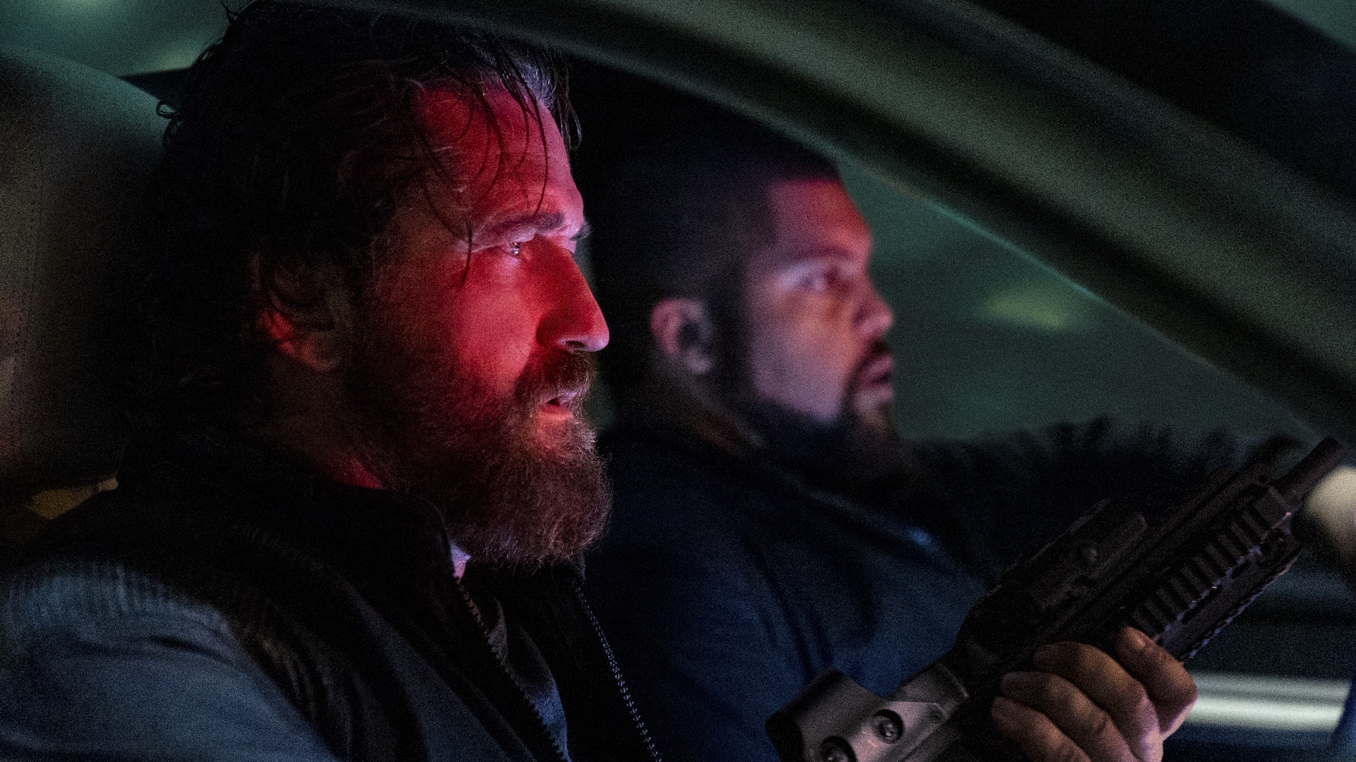 Gerard Butler as 'Big Nick' O'Brien and O’Shea Jackson Jr. as Donnie Wilson in Den of Thieves 2: Panthera. Photo Credit: Rico Torres.
