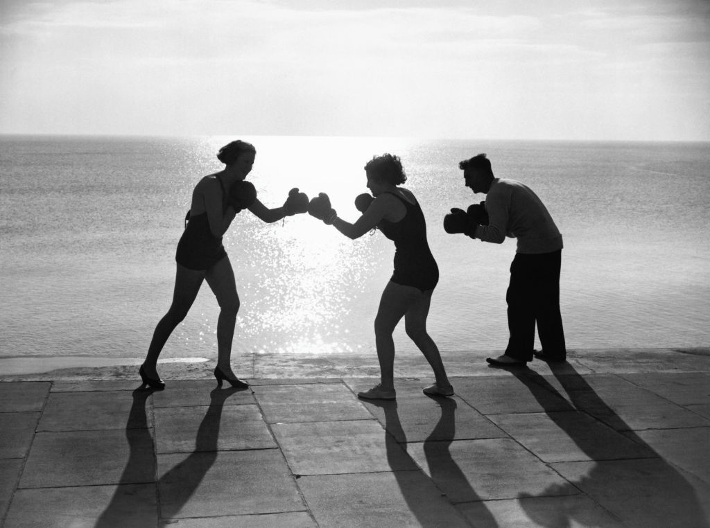 Two women boxing (B&amp;W)