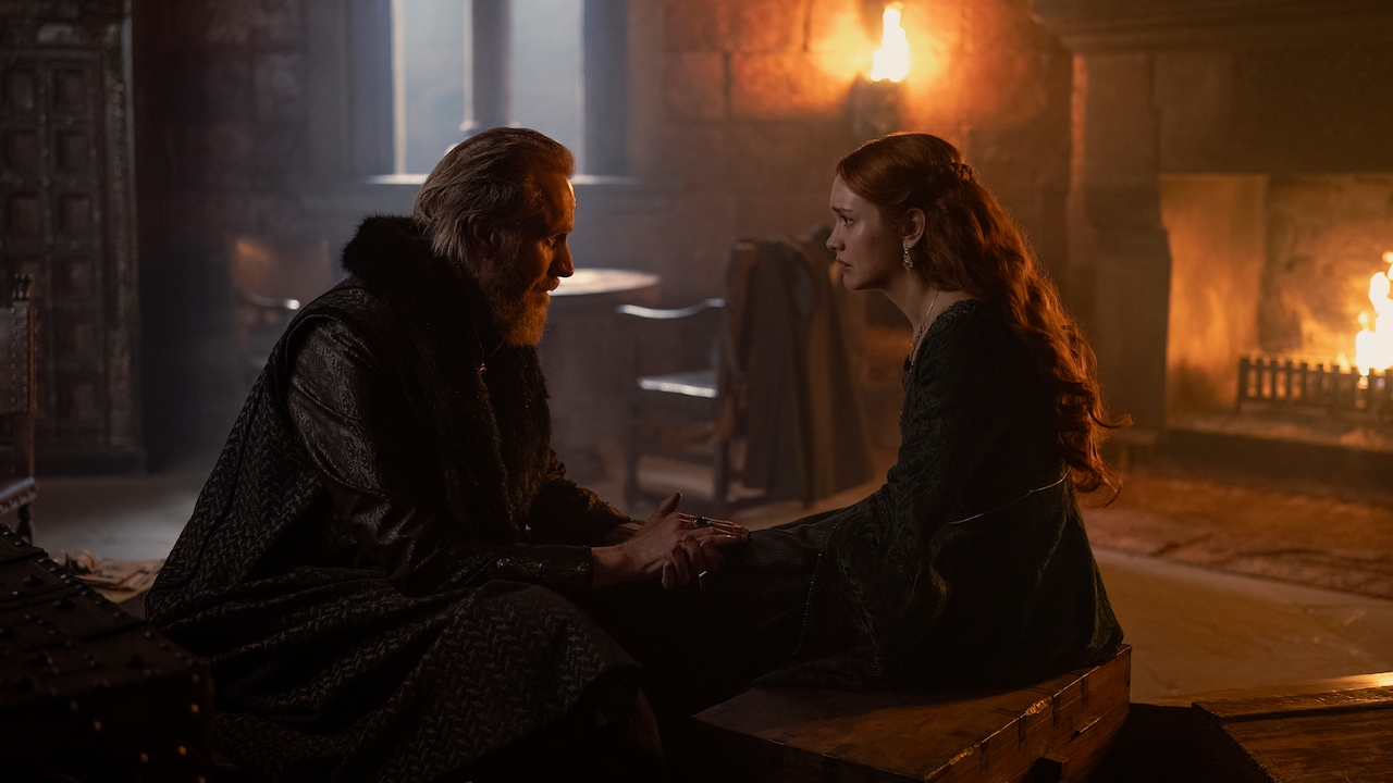 Rhys Ifans and Olivia Cooke as Otto Hightower and Alicent Hightower in House of the Dragon S2