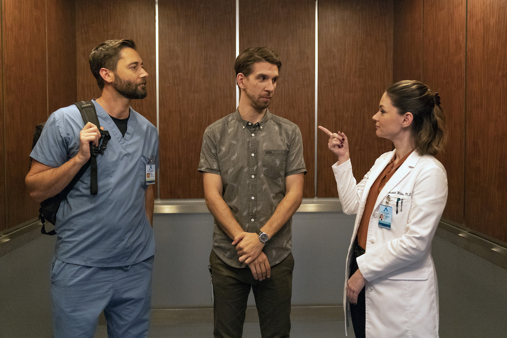 Ryan Eggold as Dr. Max Goodwin, Conner Marx as Ben Meyer, Sandra Mae Frank as Dr. Elizabeth Wilder in New Amsterdam S5