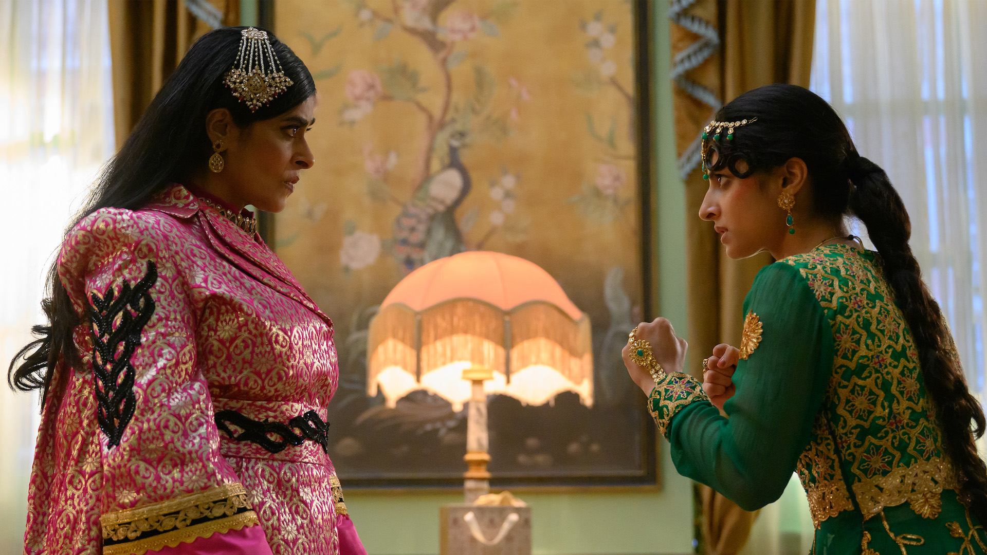 Raheela Shah Nimra Busha as Raheela Shah and Priya Kansara as Ria Khan in Polite Society on Showmax