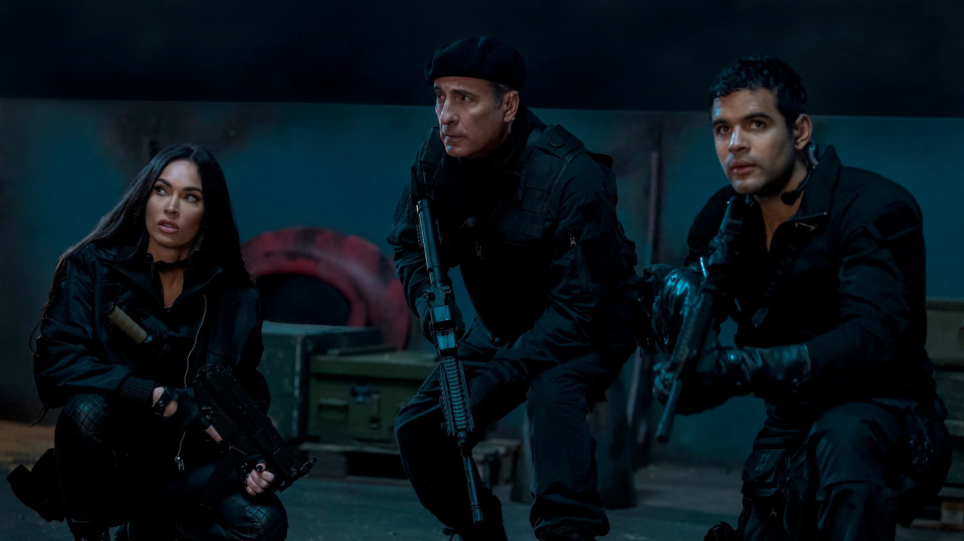Megan Fox as Gina, Andy Garcia as Marsh and Jacob Scipio as Galan in The Expendables 4