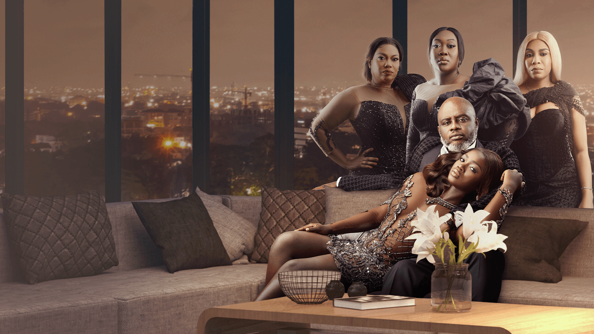 The cast of the Billionaire's Wife on Showmax, standing in an office with the night sky behind.