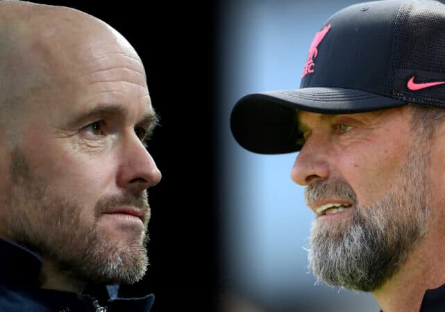 Manchester United v Liverpool FC - Premier League on Showmax. In this composite image a comparison has been made between Head Coach Erik ten Hag of Manchester United and Juergen Klopp, Manager of Liverpool.