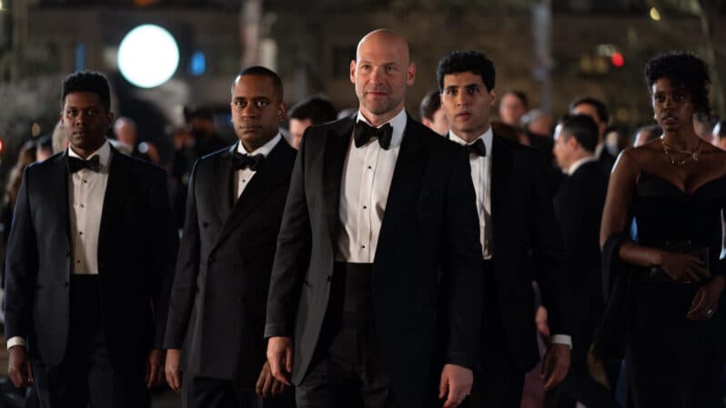 (L-R): Toney Goins as Philip Charyn, Daniel Breaker as Roger “Scooter” Dunbar, Corey Stoll as Michael "Mike" Prince, Babak Tafti as Bradford Luke and Dola Rashad as Kate Sacker in Billions S7 on Showmax