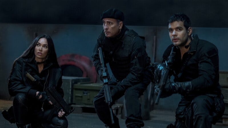 Megan Fox as Gina, Andy Garcia as Marsh and Jacob Scipio as Galan in The Expendables 4