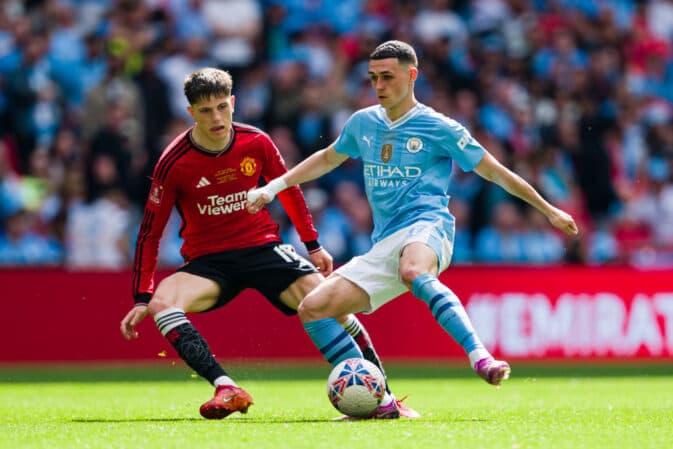 Phil Foden of Manchester City against Alejandro Garnacho of Manchester United during the Emirates FA Cup Final live on Showmax Premier League