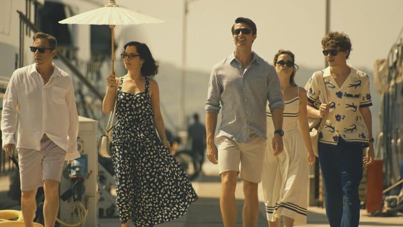 Jason Isaacs as Timothy, Parker Posey as Victoria, Patrick Schwarzenegger as Saxon, Sarah Catherine Hook as Piper and Sam Nivola as Lachlan in The White Lotus Season 3 on Showmax
