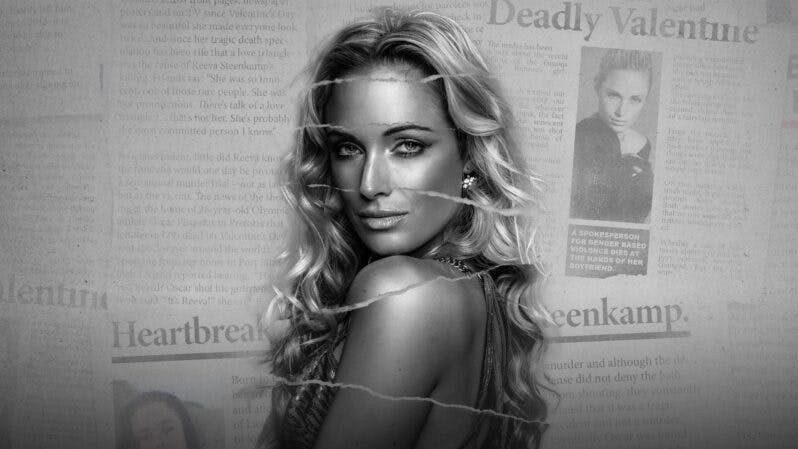 Black and White image of Reeva Steenkamp in front of newspaper headlines about her murder, from My Name is Reeva on Showmax