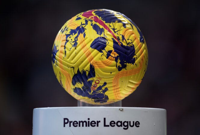 The Premier League match ball by Nike on a plinth before the Premier League match between Manchester United and Luton Town.