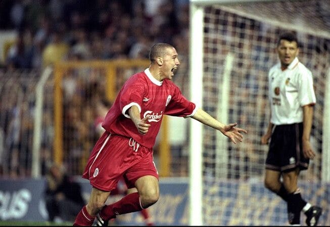 Former Liverpool FC player Sean Dundee celebrates his goal during the UEFA Cup 2nd Round match against Valencia played in Valencia, Spain.